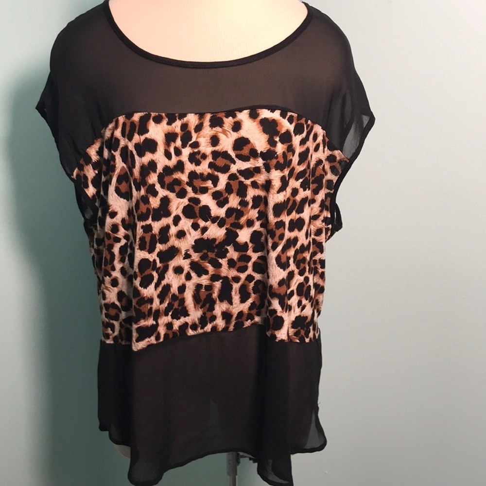 Ambiance Apparel Womens 2X Cheetah Print Chiffon Color Block Career Blouse Siren